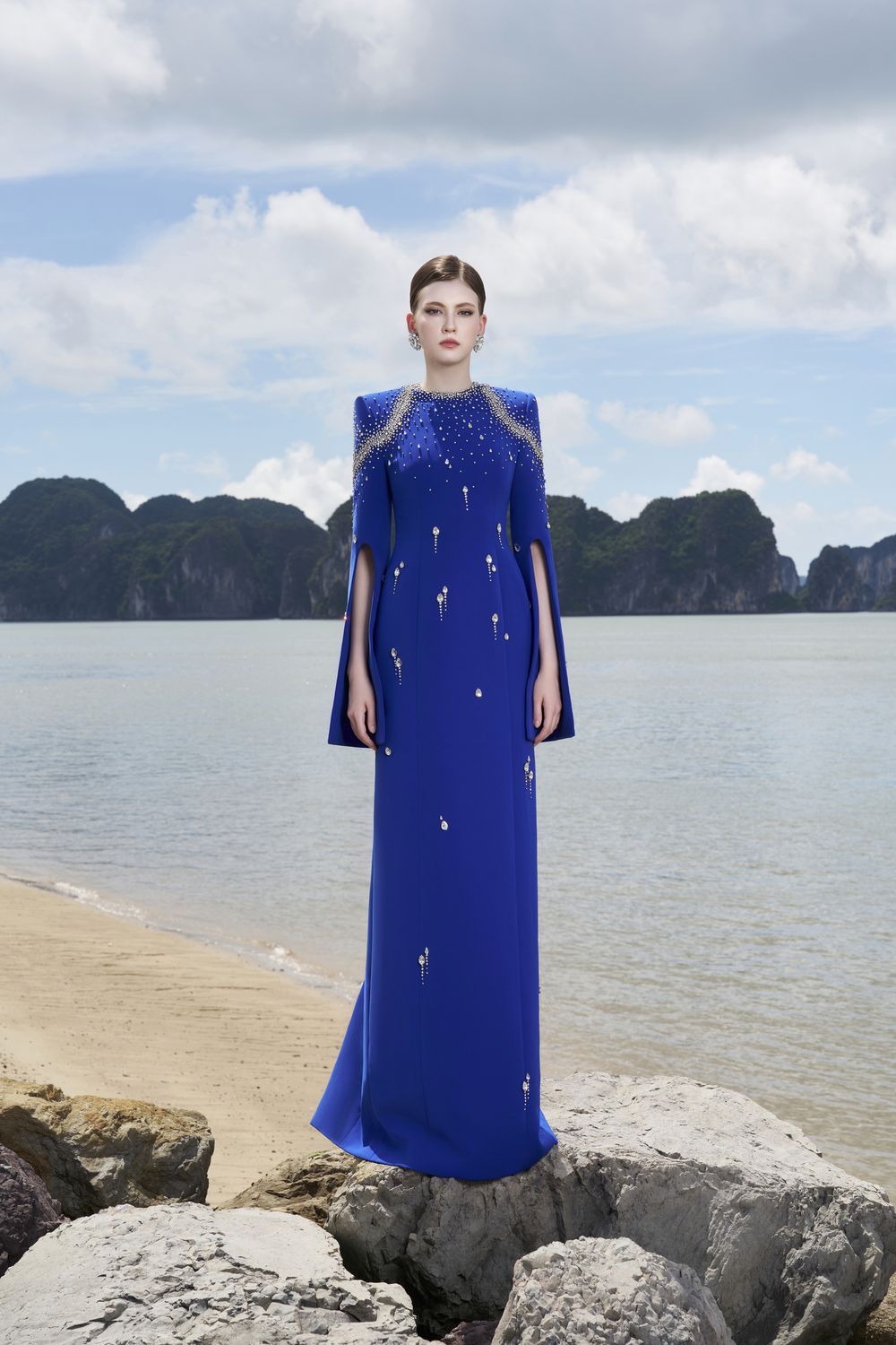 Flared Sleeves Crystal Embellished Dress